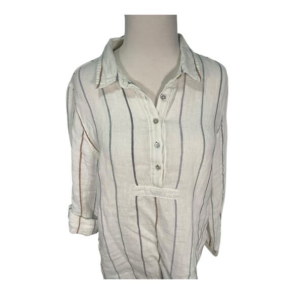 ARTISANNY 100% Linen Size Medium White Stripped Tunic 1/4 Button Down Lounge - Picture 11 of 11